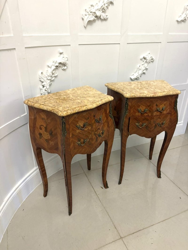 Antique Quality Pair of French Louis XV Style Marquetry Bedside Cabinets
